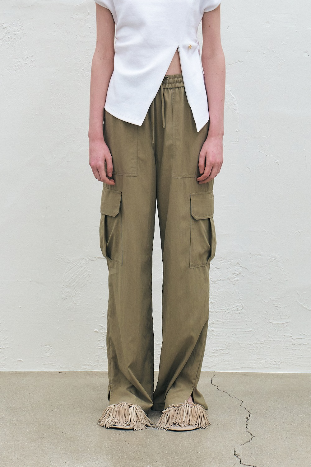 Rayon Banded Cargo Pants, Khaki