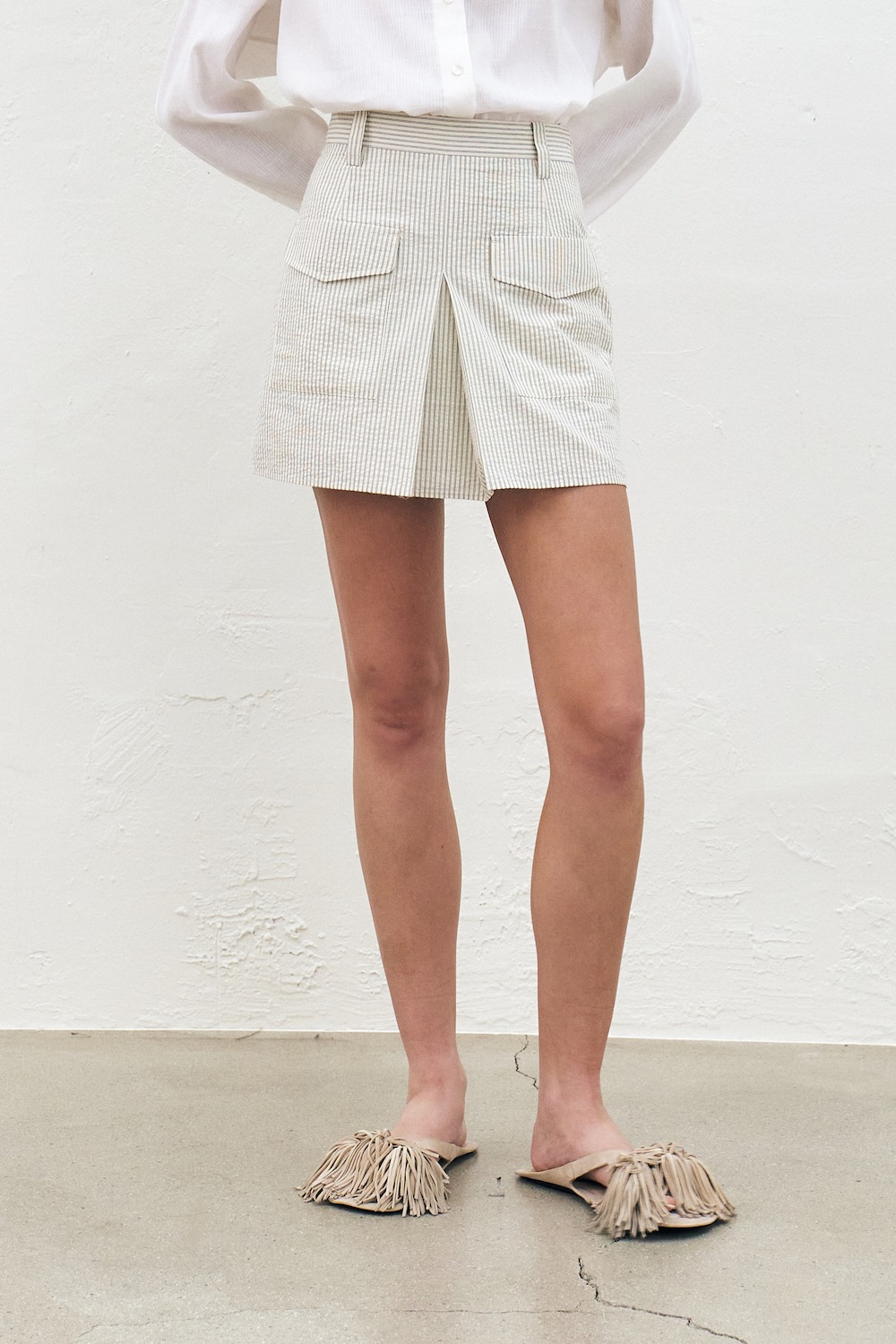 Box Pleated Striped Mini Skirt, Ivory