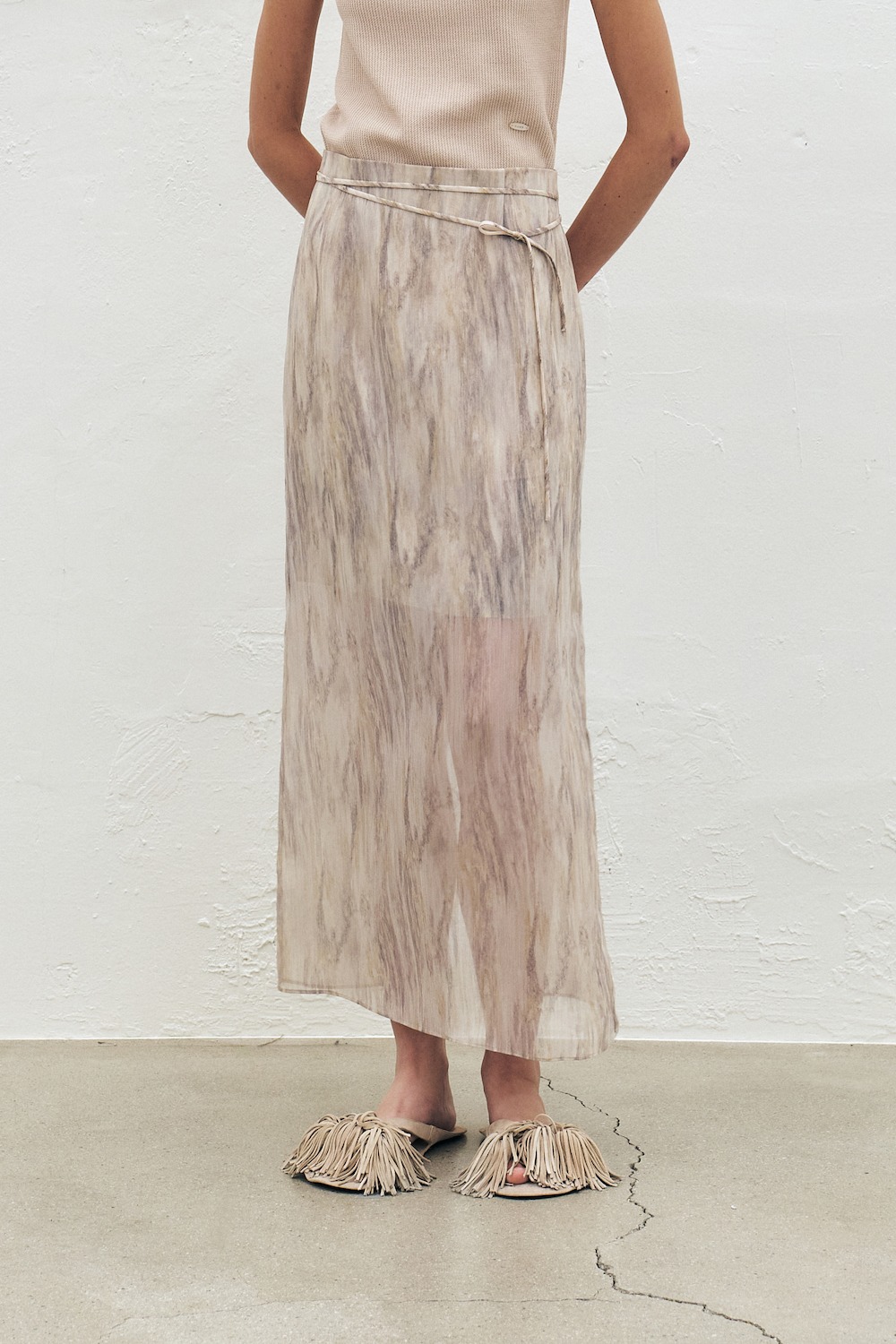 Printed Chiffon Layer Skirt, Beige