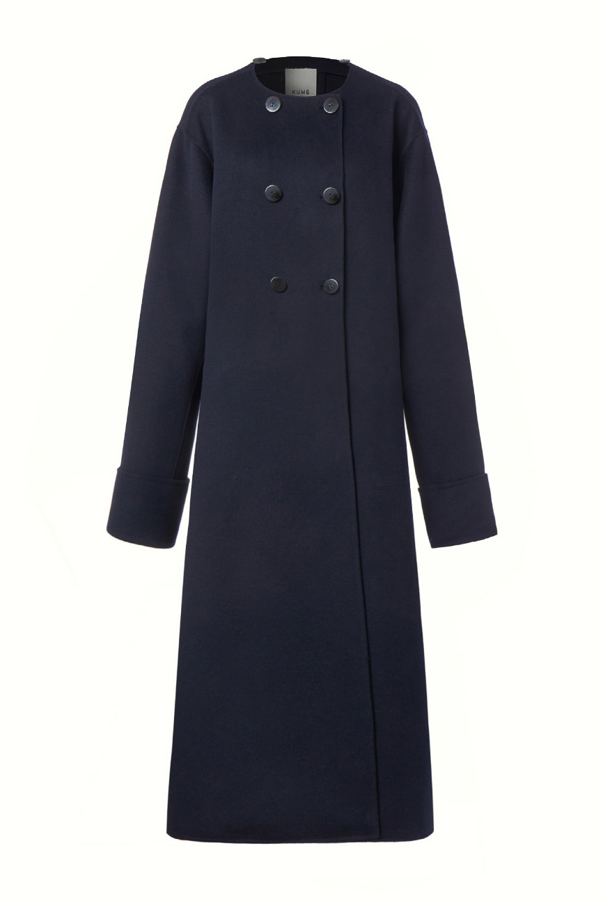 HANDMADE WOOL MUFFLER COAT, NAVY