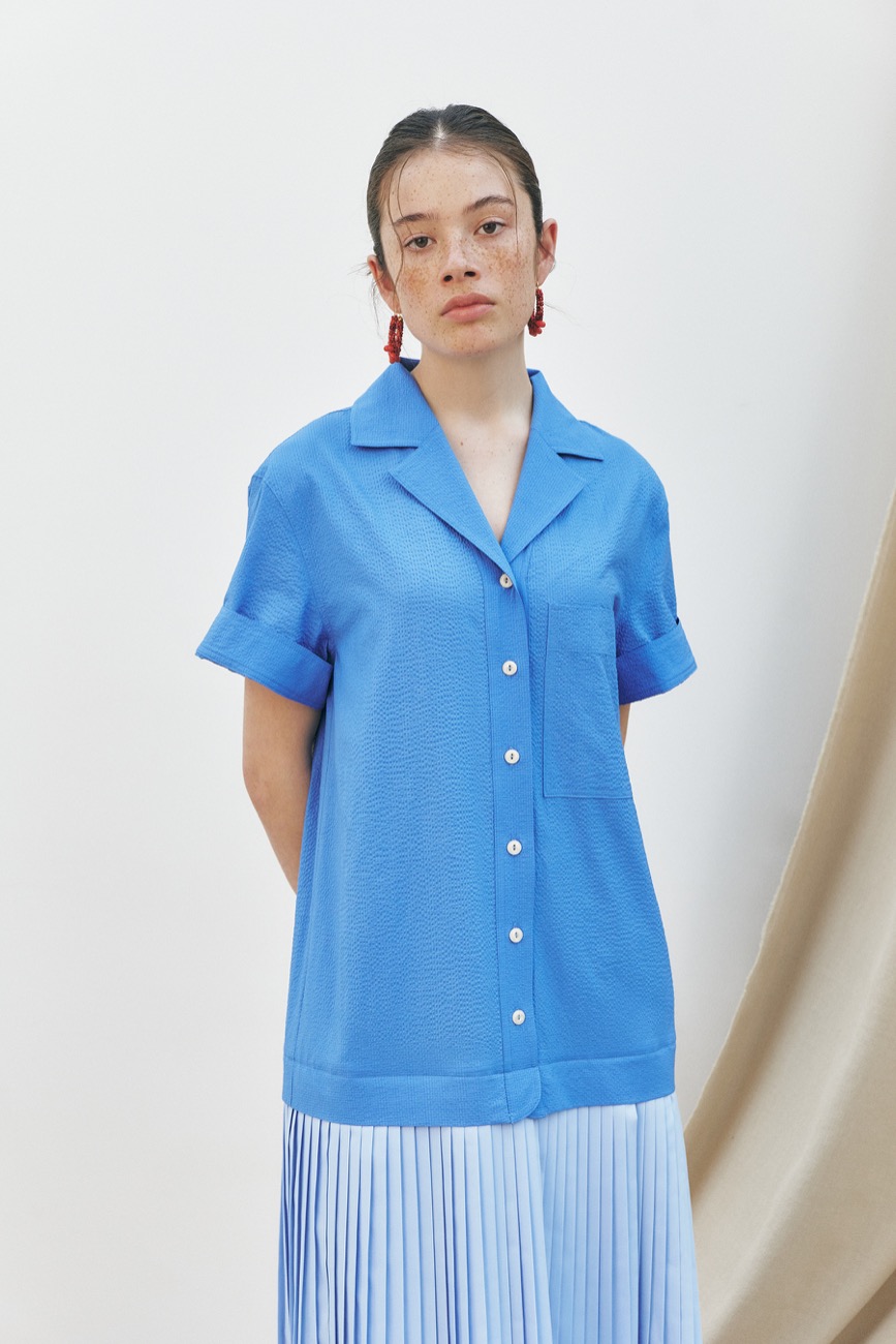 Seersucker Pleated Shirt Dress, Blue