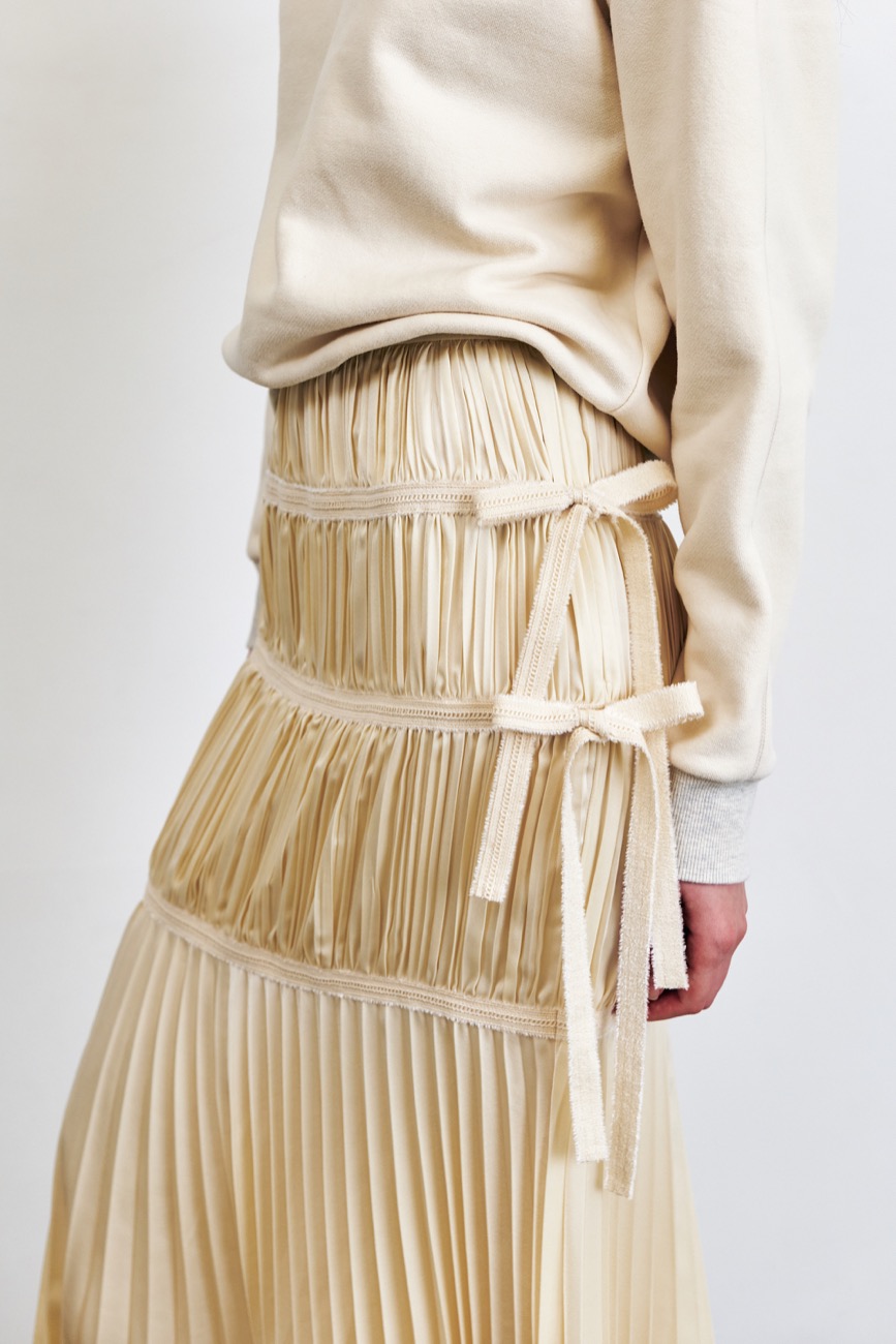 [23FW]Ribbon Pleated Satin Maxi Skirt, Ivory