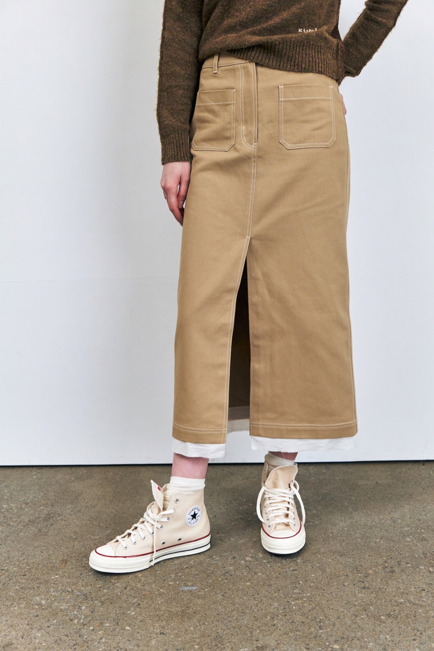 Frayed Lining H-line Stretch Skirt, Beige