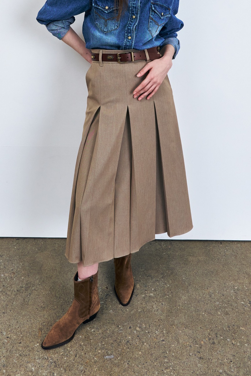 Wrinkle-free Waist Pleated Long Skirt, Light Beige