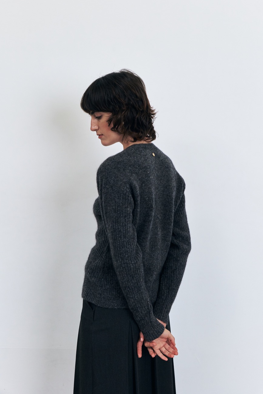 V-neck Zip-up Mohair Wool Cardigan, Charcoal
