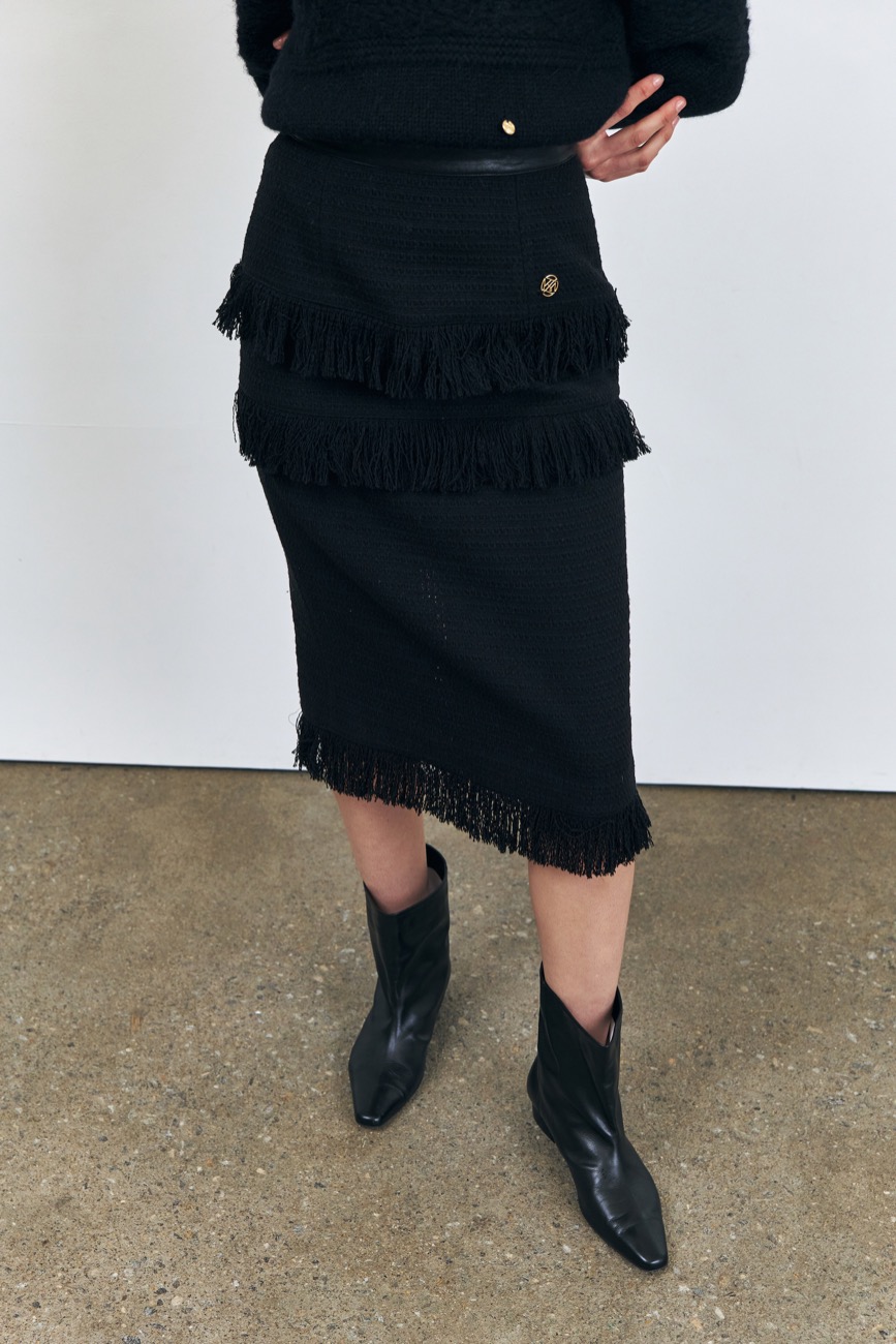 [23FW]Tweed Fringe Midi Skirt, Black