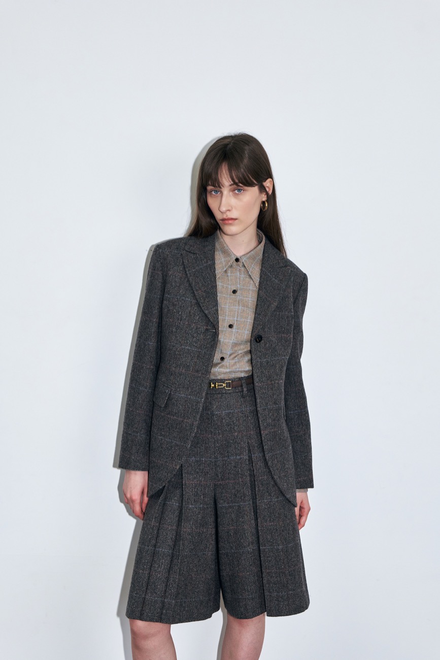 One Button Herringbone Wool Jacket, Charcoal