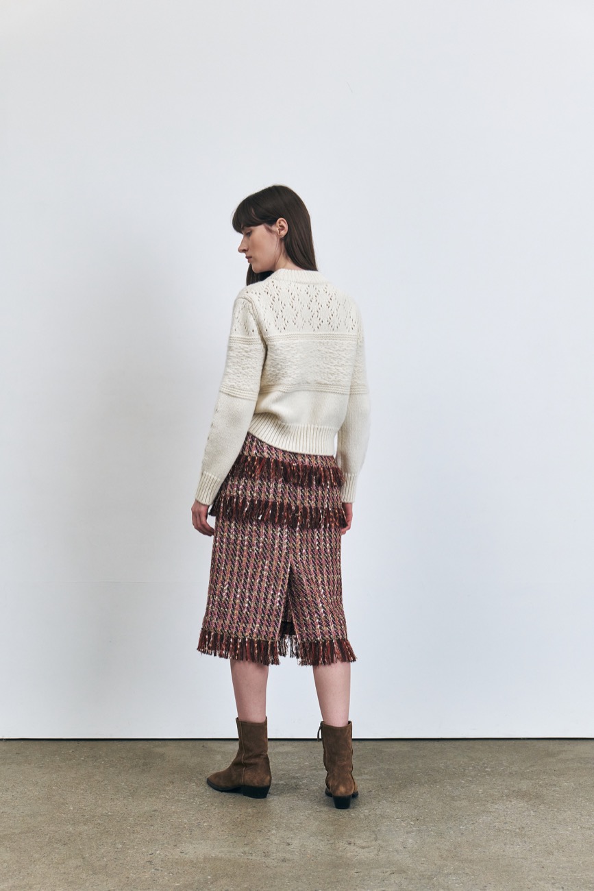 Tweed Fringe Midi Skirt, Brown