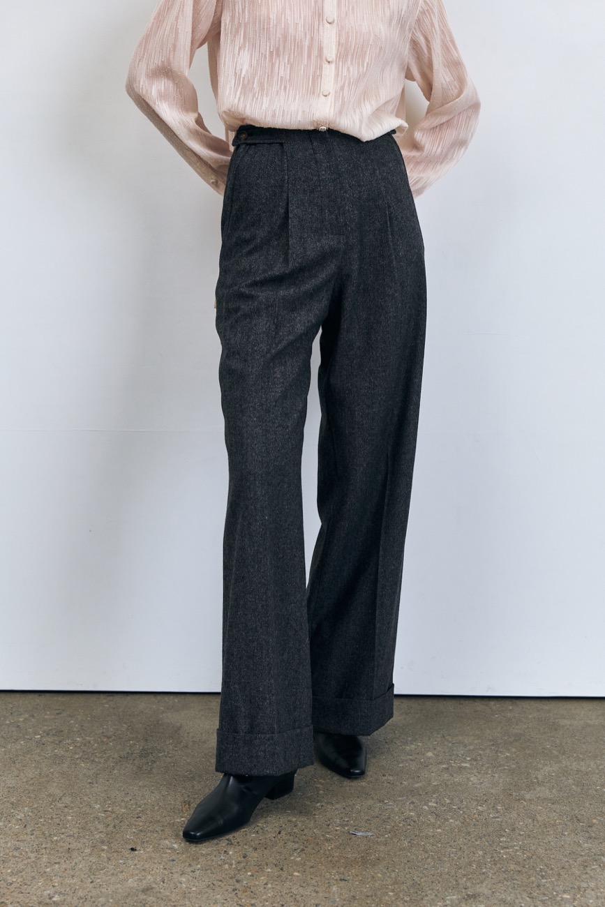 Wide Wool Turn-up Pants, Charcoal