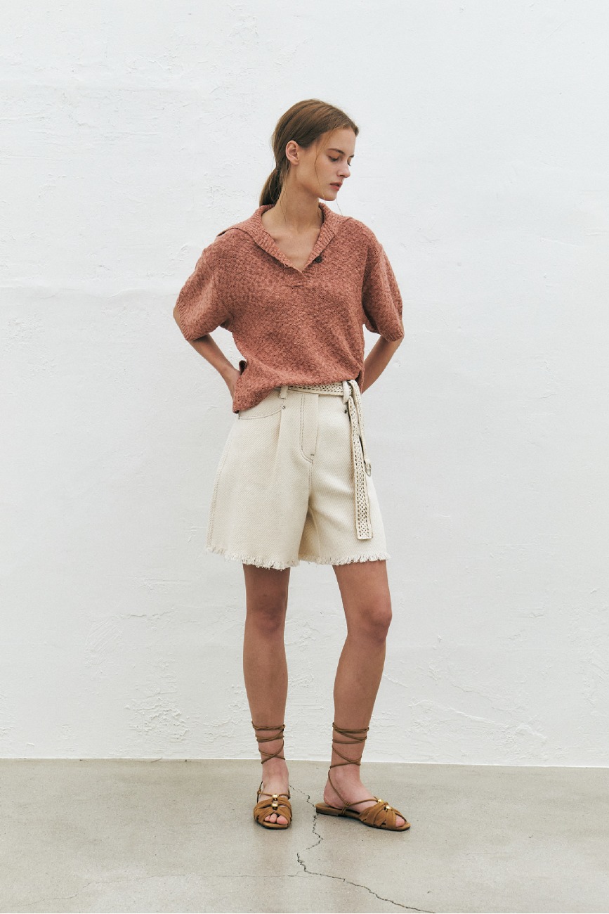 Frayed Twill Cotton Shorts, Ivory