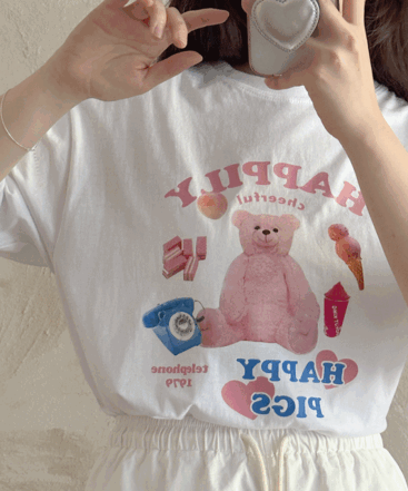 [무료배송]해피 피그 프린팅 루즈핏 반팔 트임 티셔츠