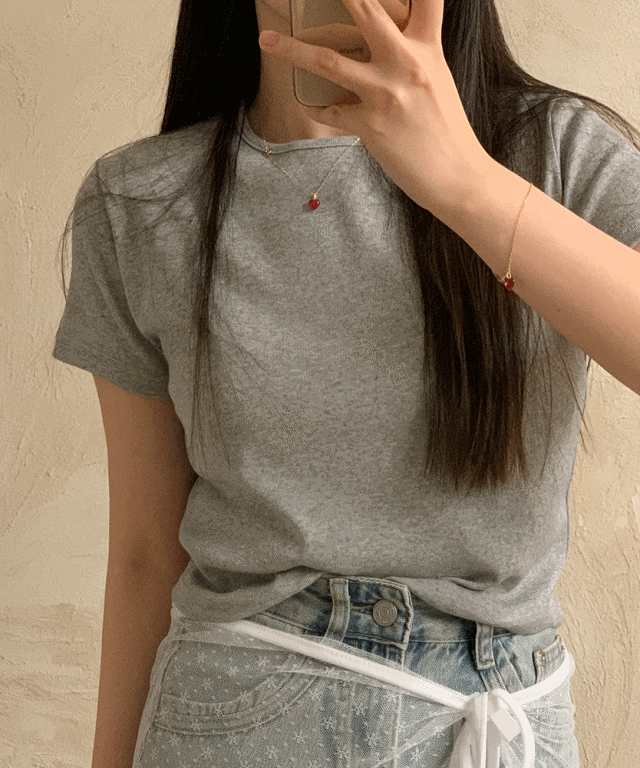 [무료배송]동그라미 버튼 골지 숏 크롭 반팔 티셔츠