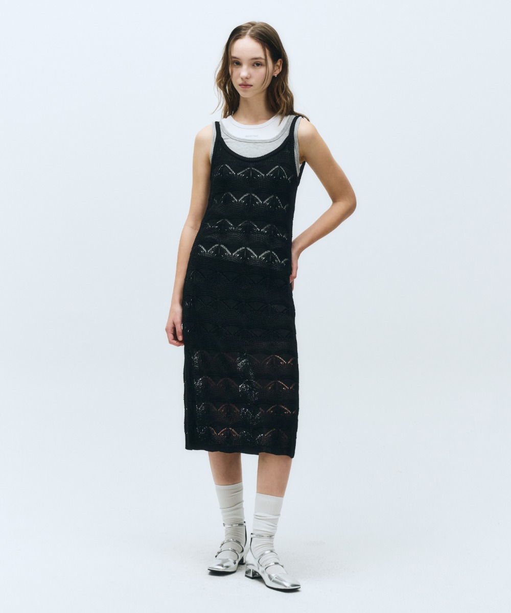 W CROCHET SLEEVELESS KNIT DRESS black