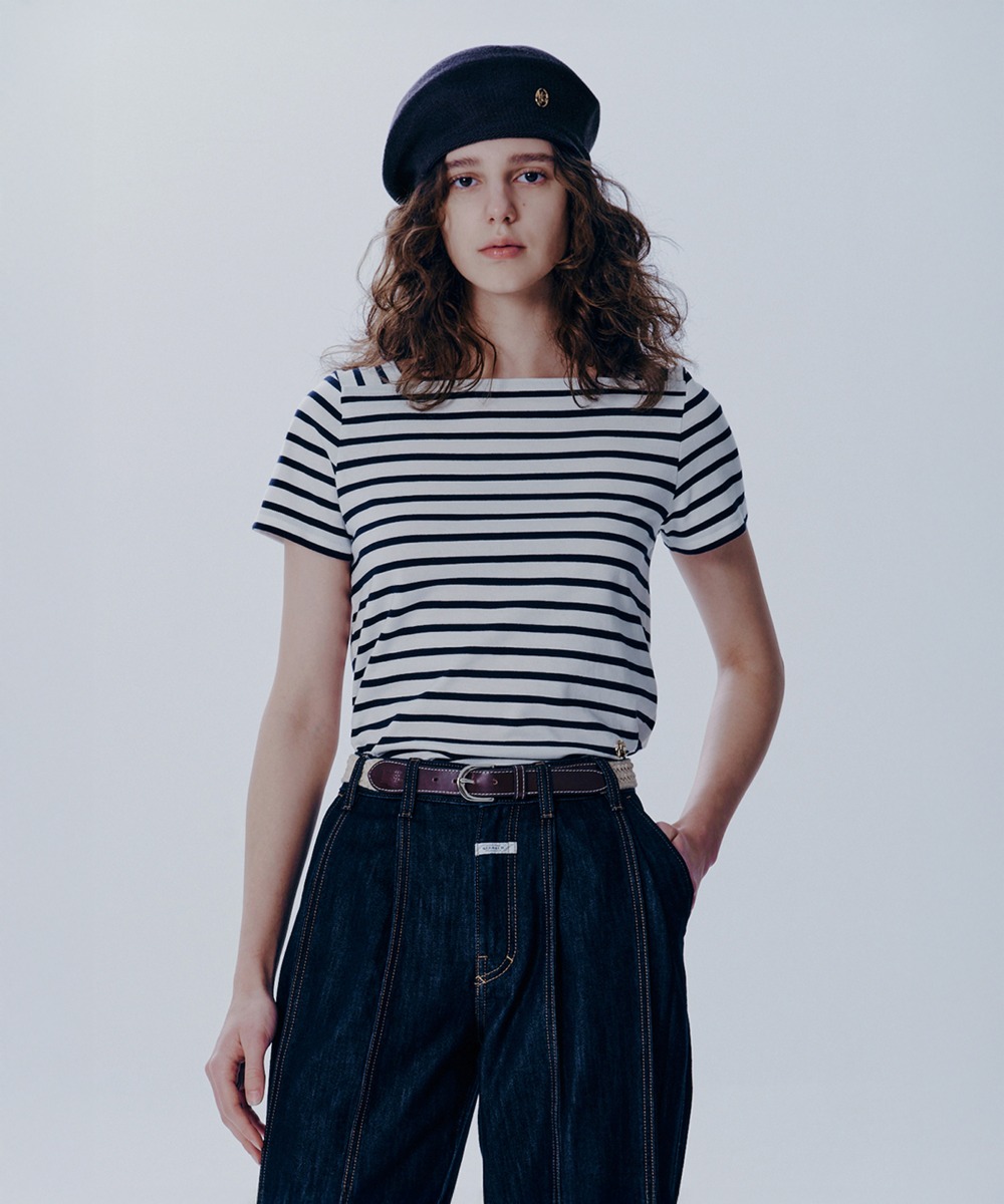 W SQUARE NECK STRIPE HALF TEE navy