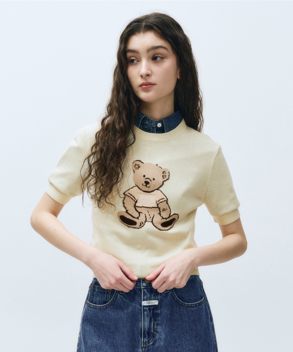 W DOODLE BEAR HALF KNIT ivory