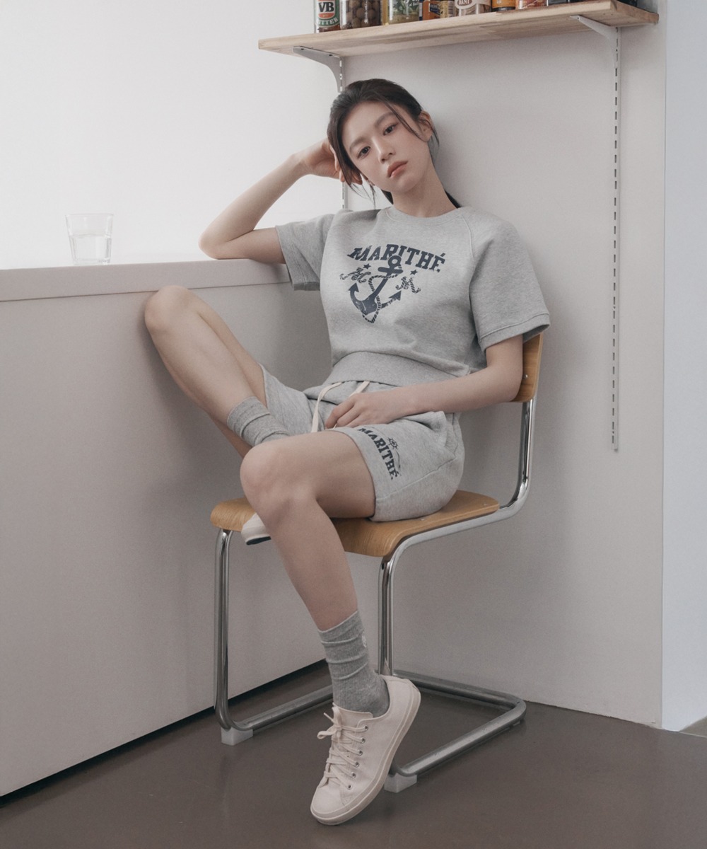 W MARINE LOGO SWEAT HALF PANTS heather gray