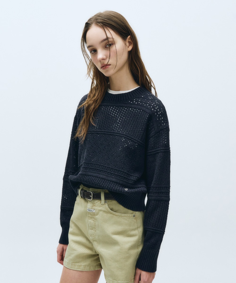 W CROCHET KNIT PULLOVER navy
