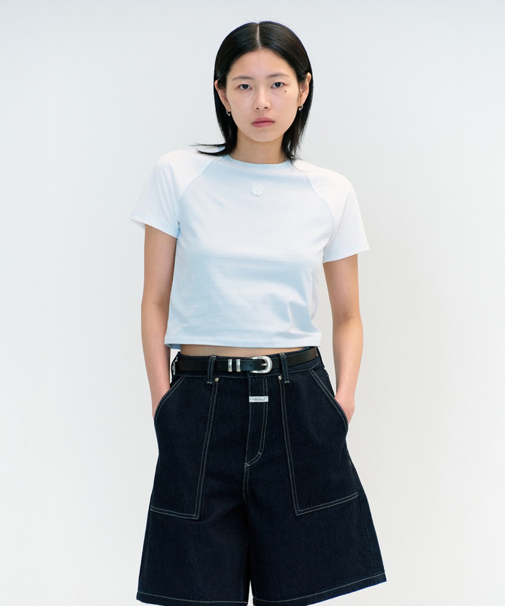 W RAGLAN STITCH CROP TEE light blue