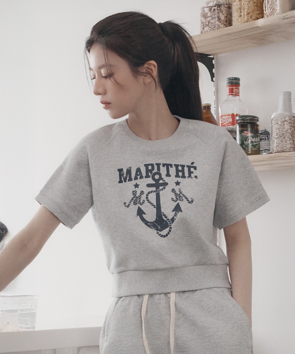 W MARINE LOGO SWEAT HALF TEE heather gray