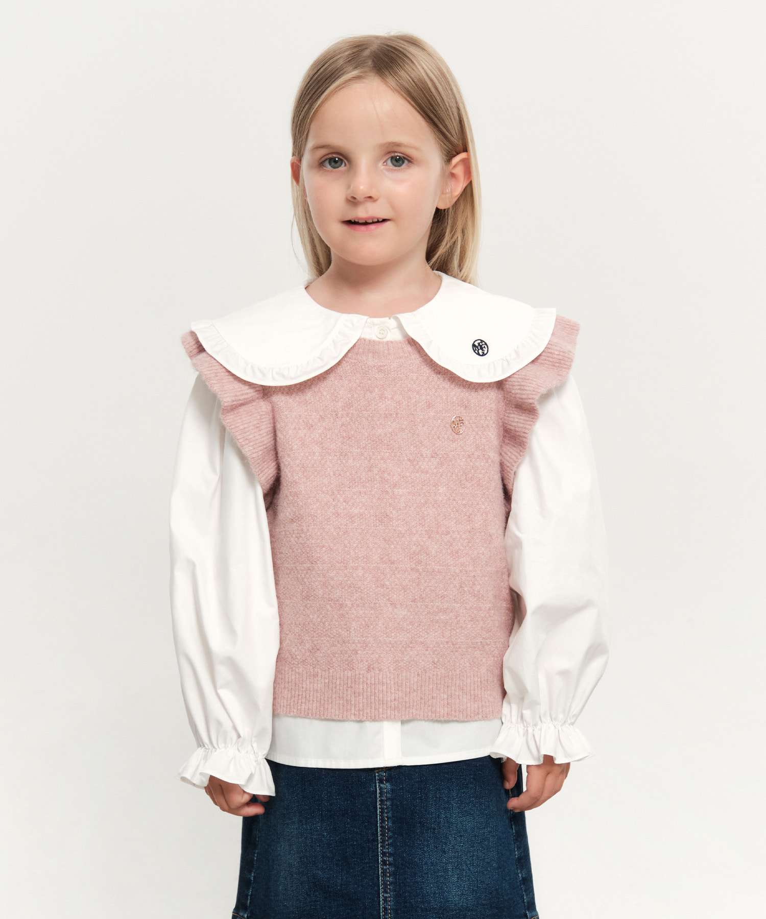 KIDS W RUFFLE KNIT VEST gray pink