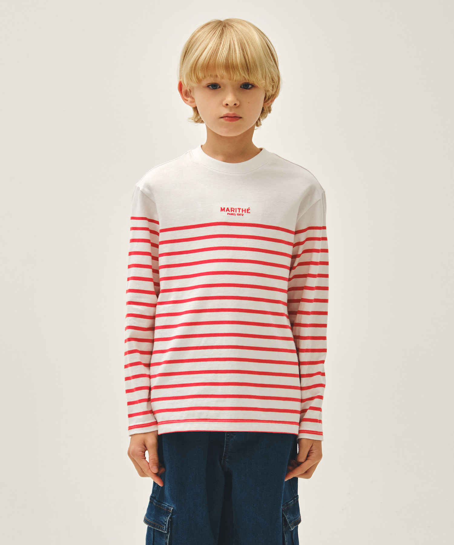 KIDS BORDER STRIPE LONG SLEEVE TEE red