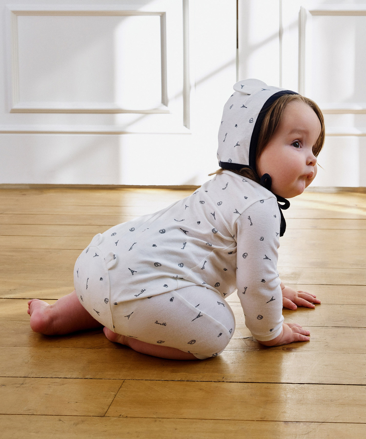 BABY ALLOVER ROMPER+BONNET SET ivory