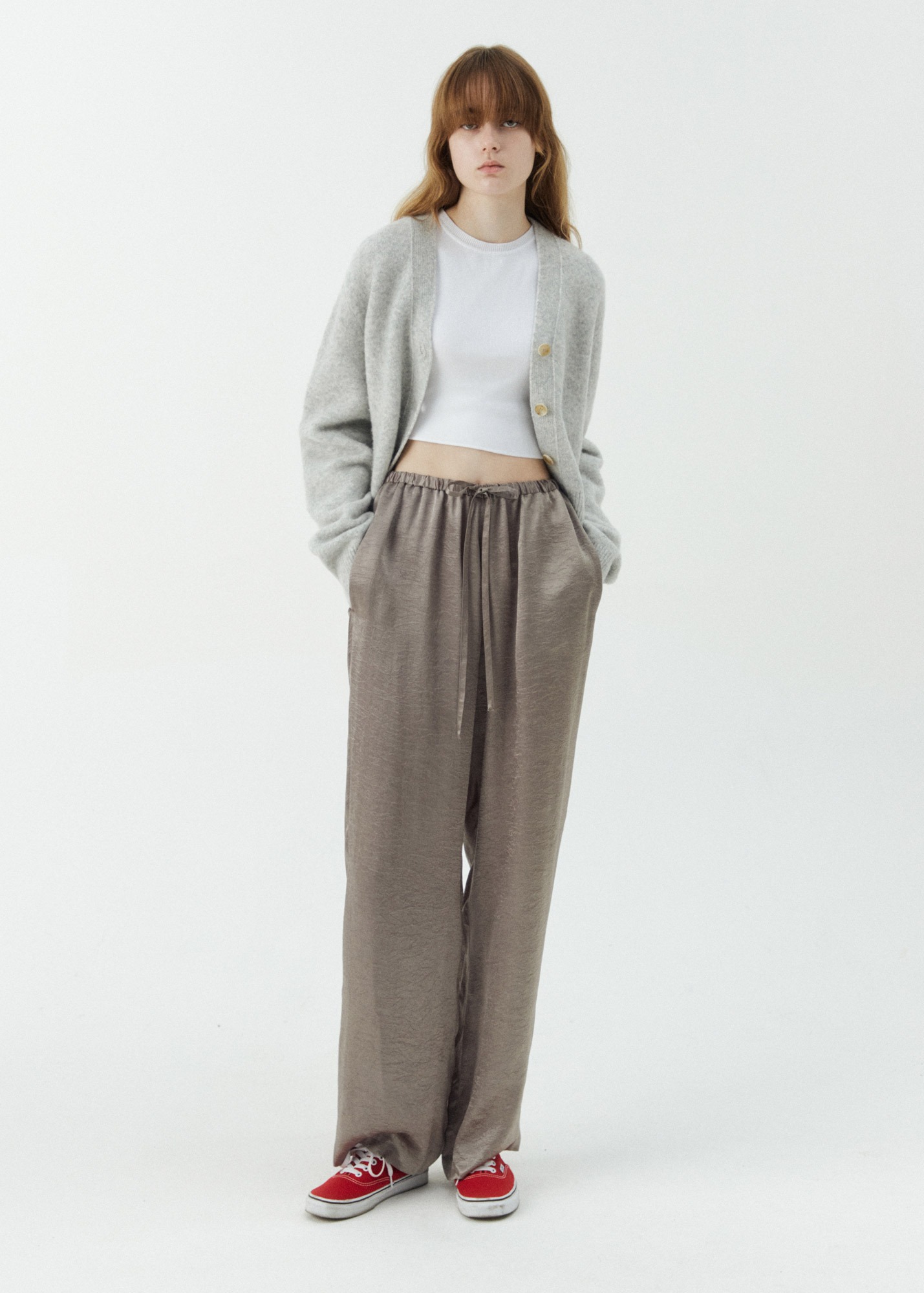 [W] WIDE-LEG CRINKLED SATIN TROUSERS