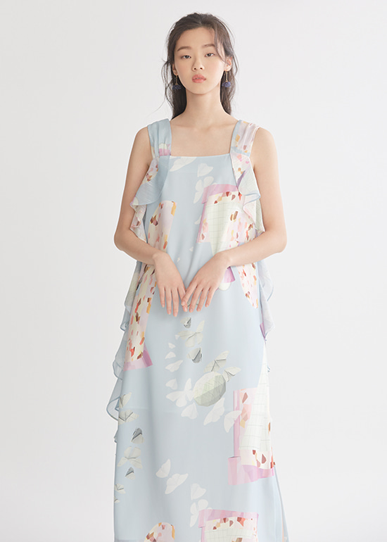 [주문제작] skyblue geo frill dress