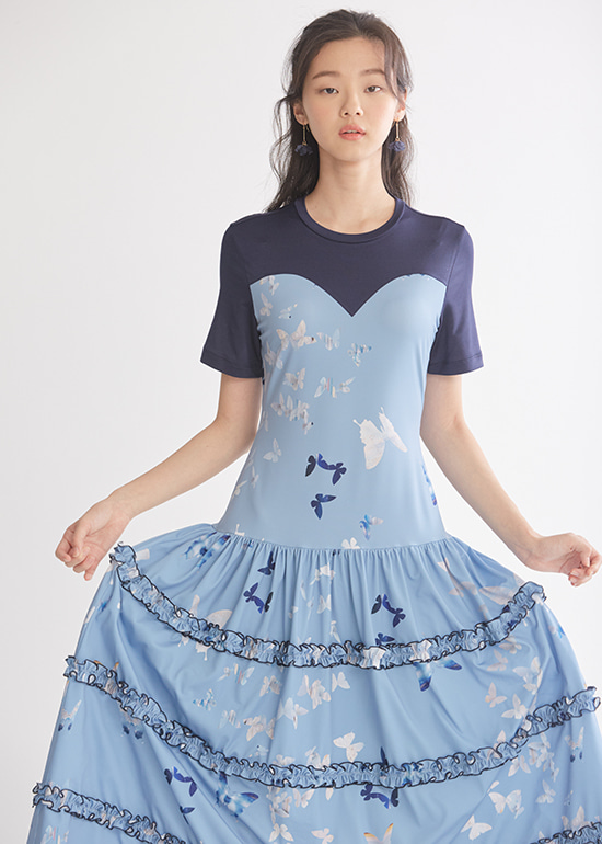 [주문제작] blue butterfly shirring dress