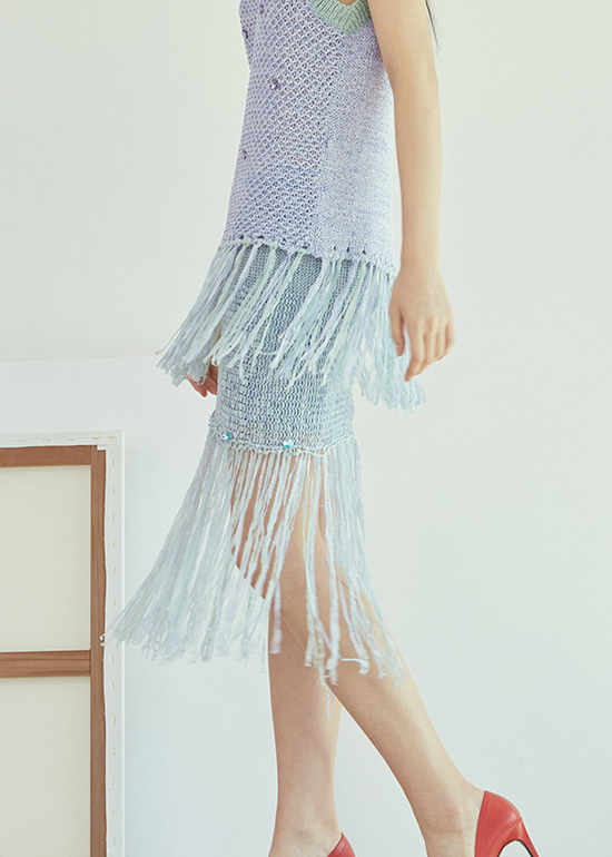 [유리착용] blue swarovski tape knit skirt
