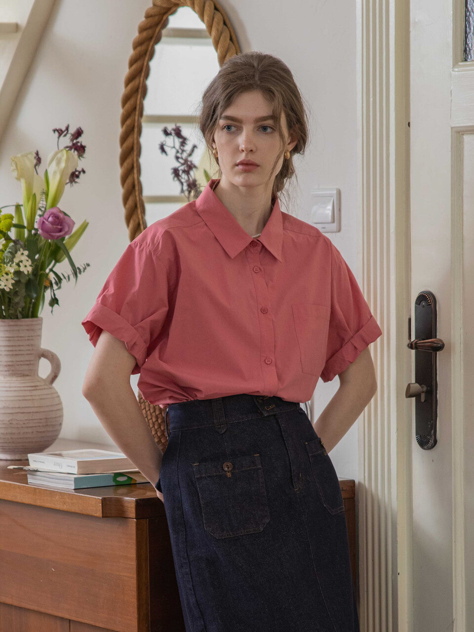 SYNA daily rolled-up sleeve shirt_cemellia rose