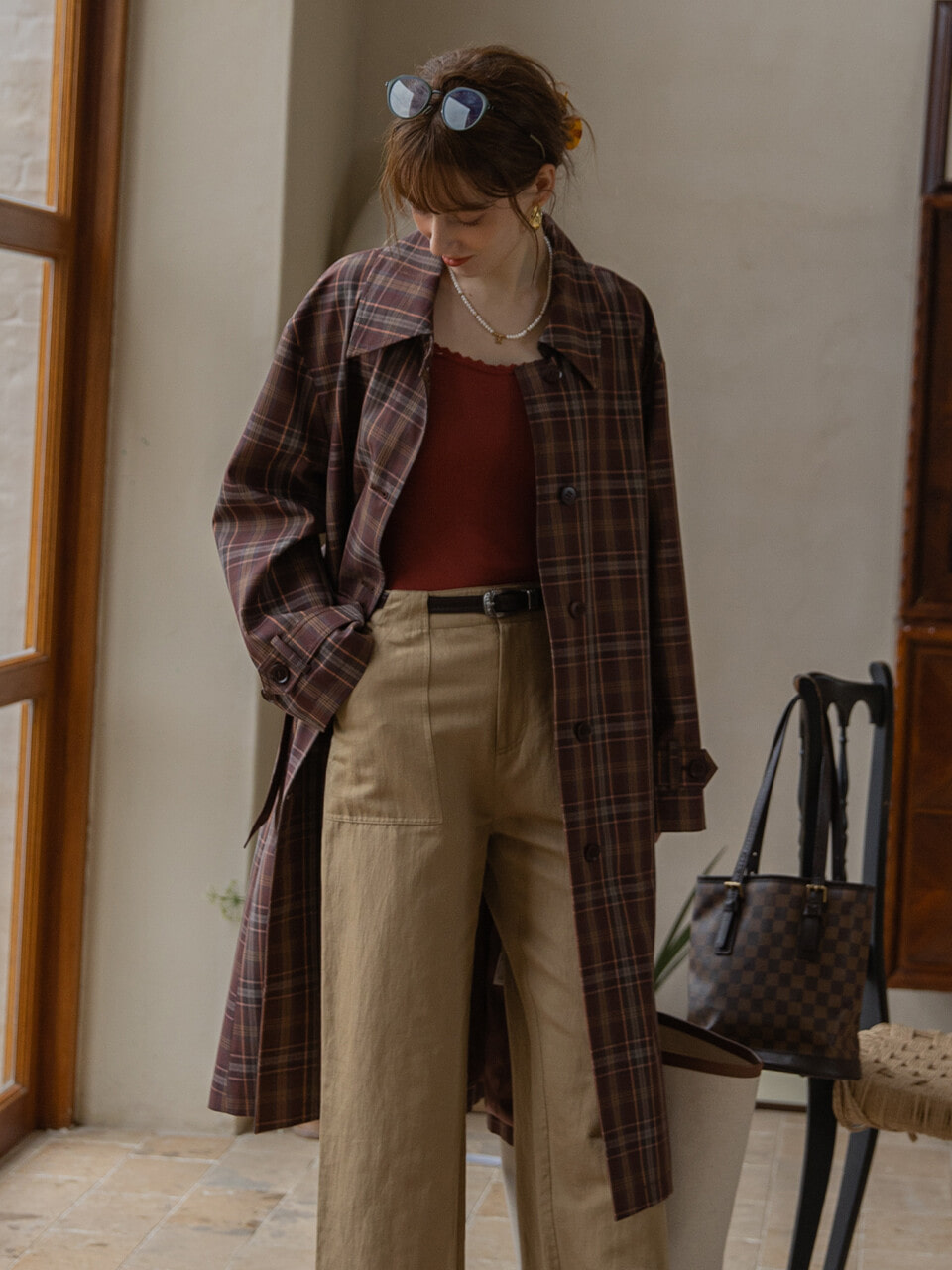LOUHI check trench coat_fired brick