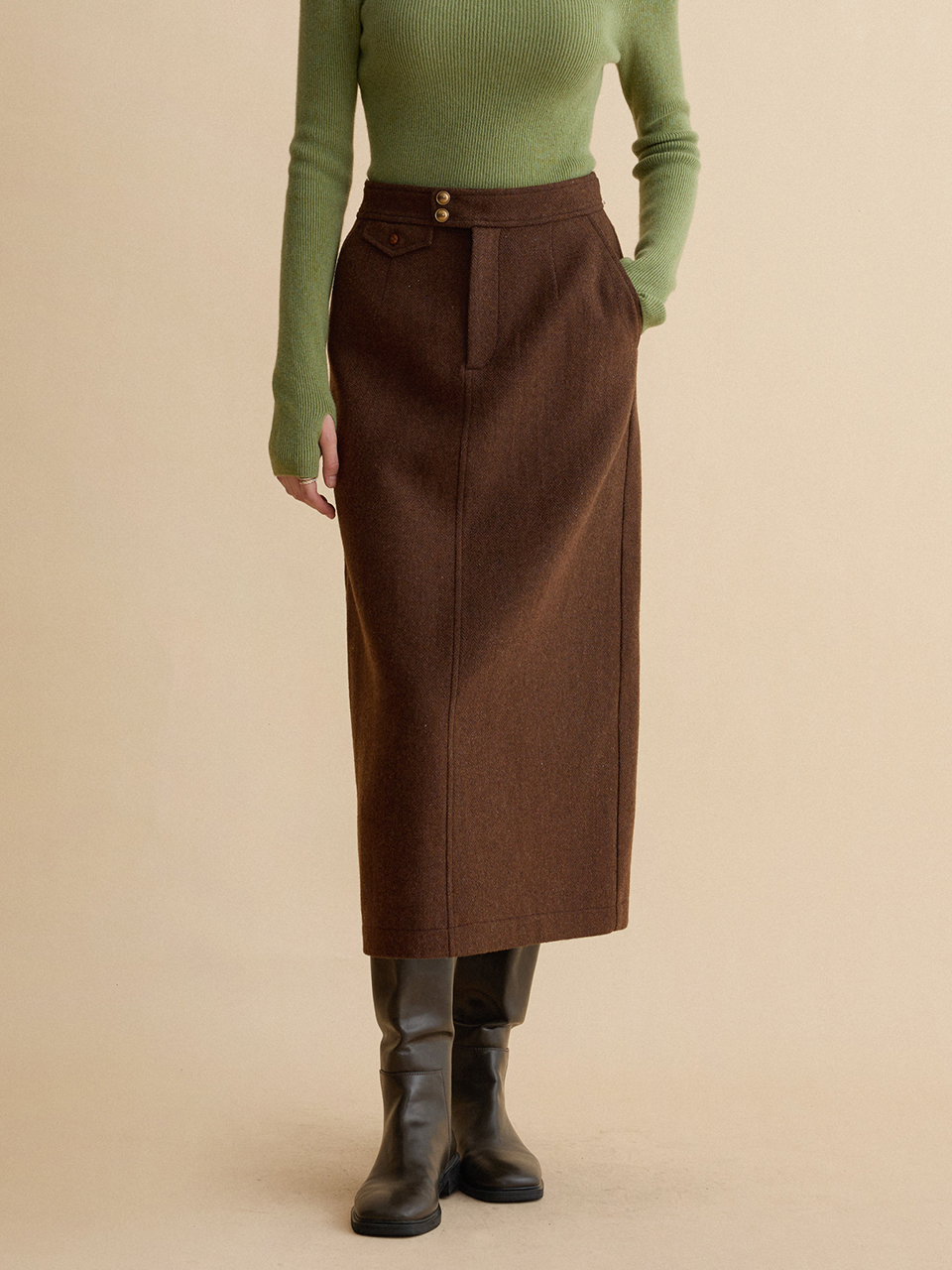 [케플러_김채연 착용] KATRINA woolen long skirt_brown