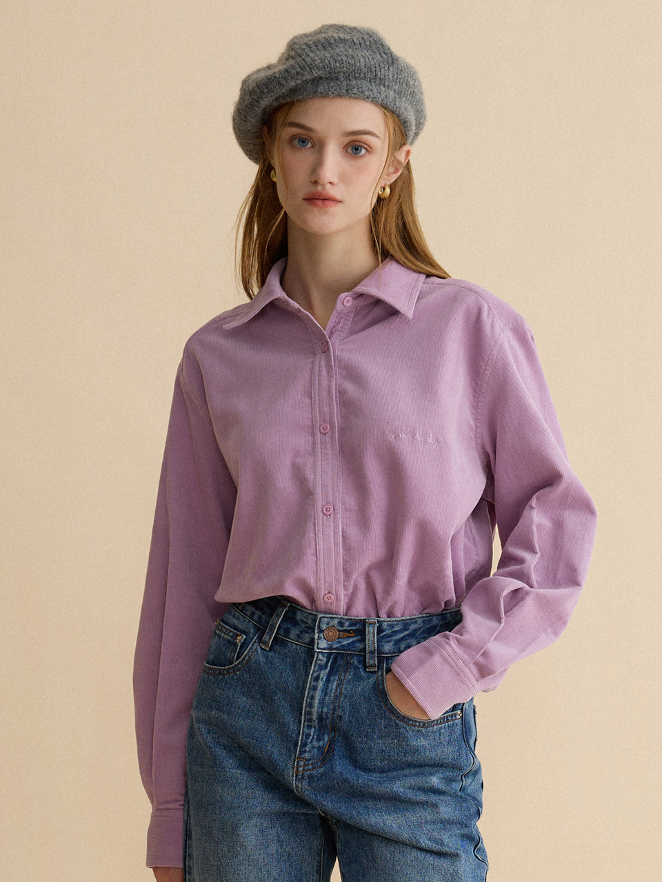JACE embroidery corduroy shirt_pink lavender