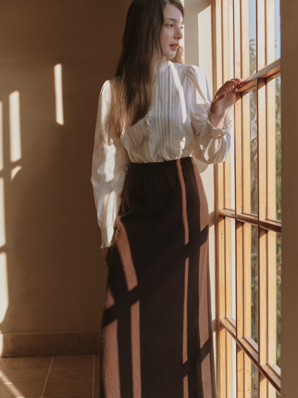 CALISTA woolen long skirt_brown