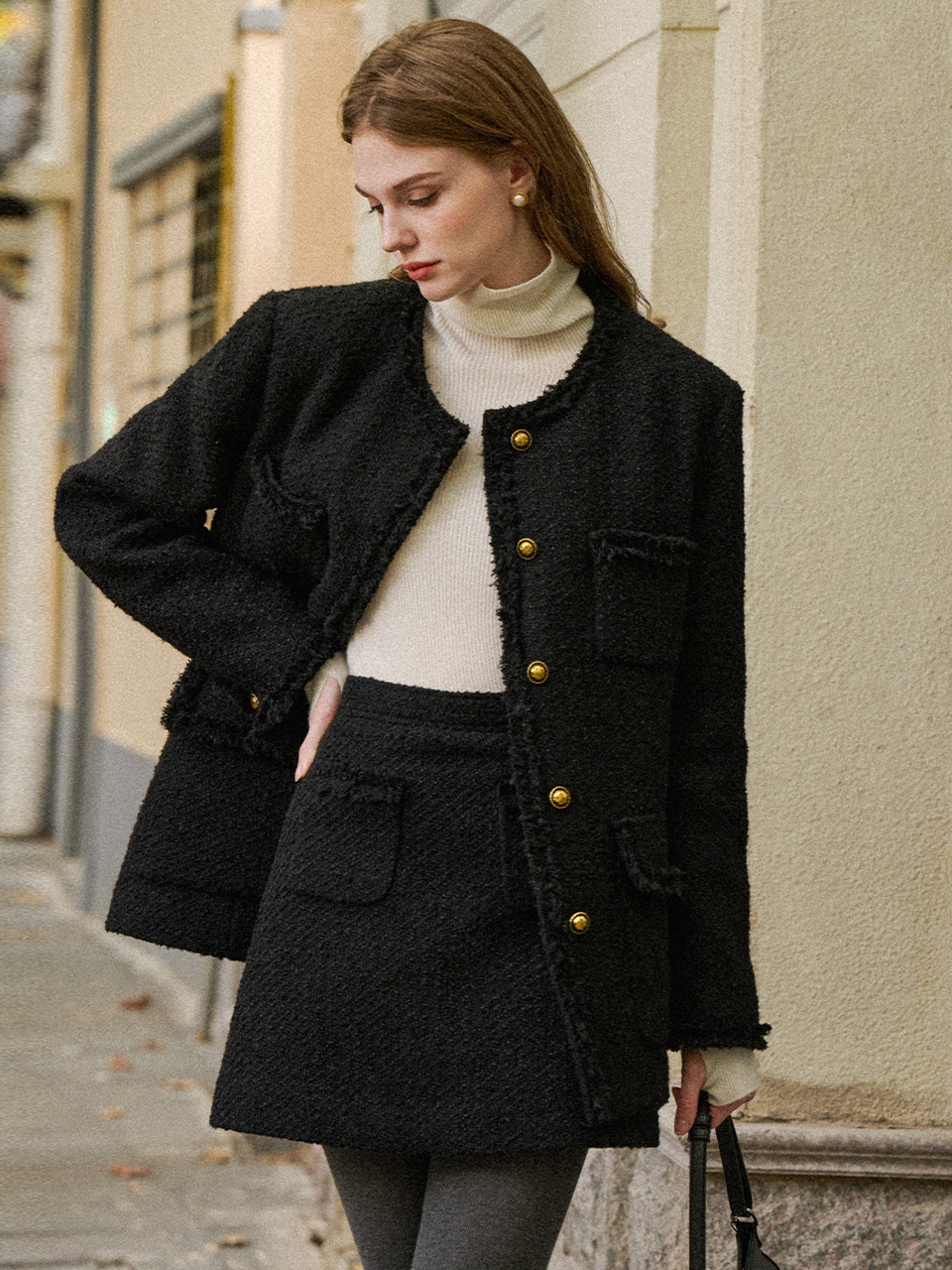 TERESA woolen tweed quilting jacket skirt SET_black