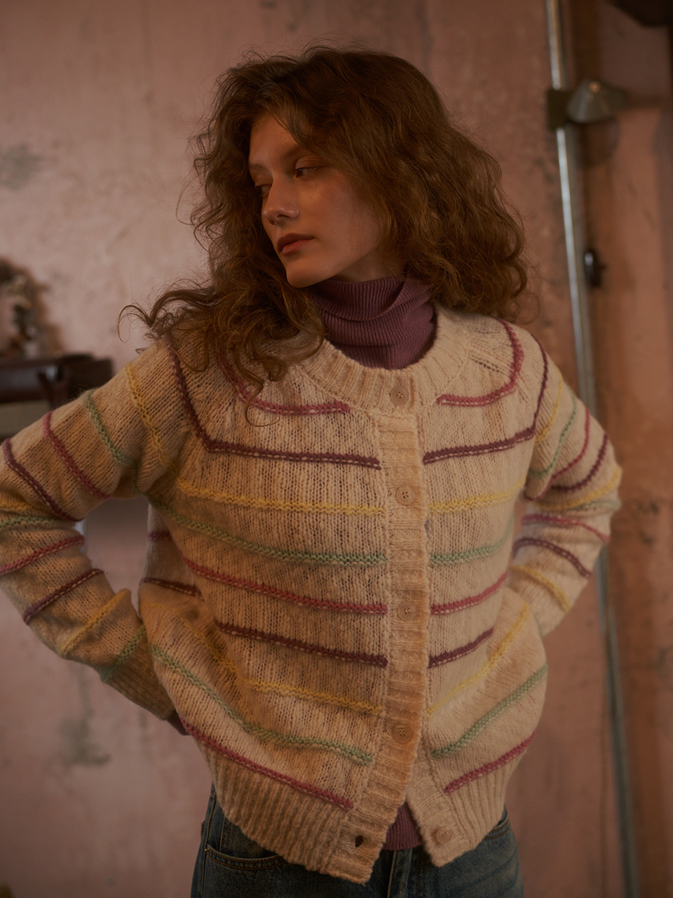 SHULA wool colorful stripe knit cardigan_ivory