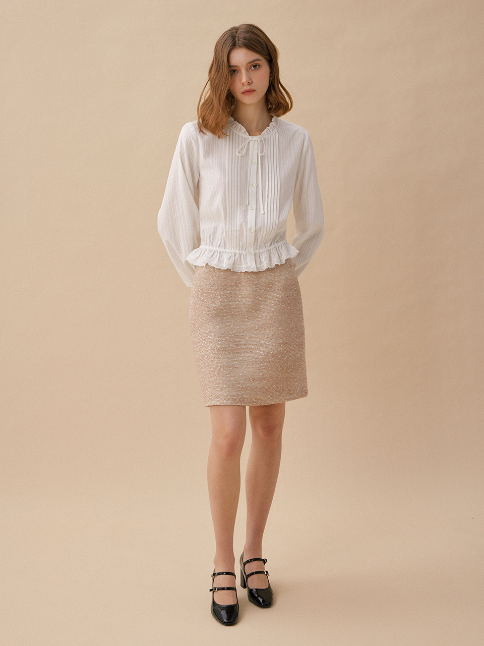 MORIA knee h-line tweed skirt_beige