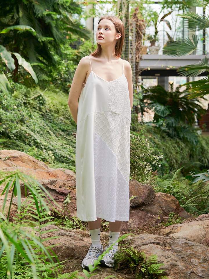 Lace Patchwork Slip Dress ( White )