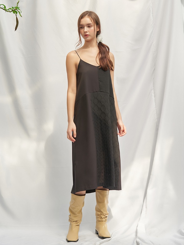 Lace Patchwork Slip Dress ( Black )