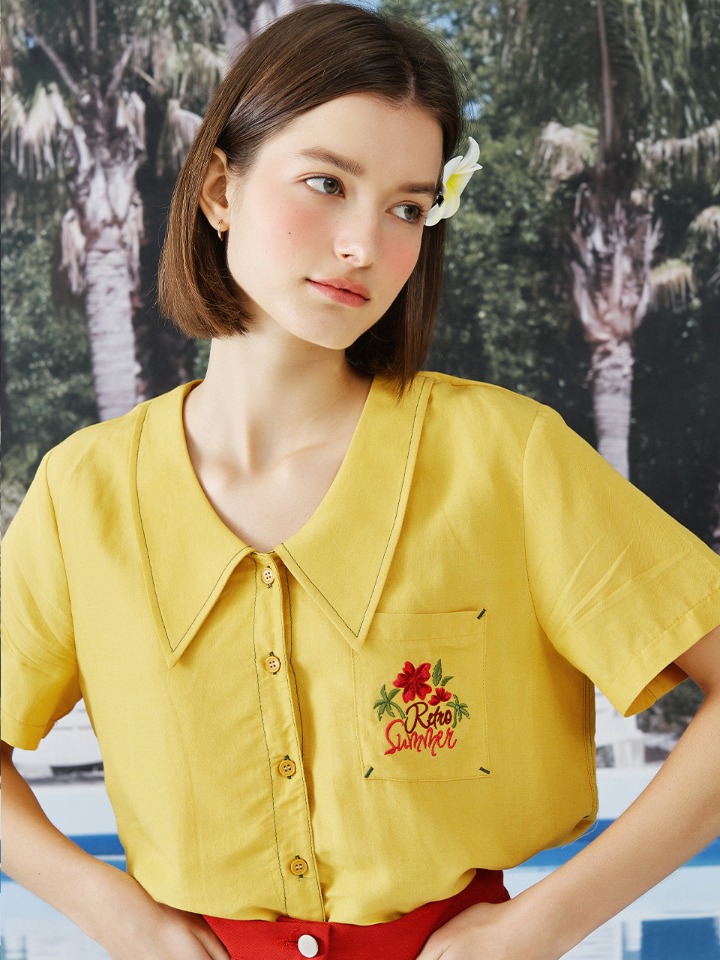 Retro Summer Hawaiian Linen Shirt ( Mustard )