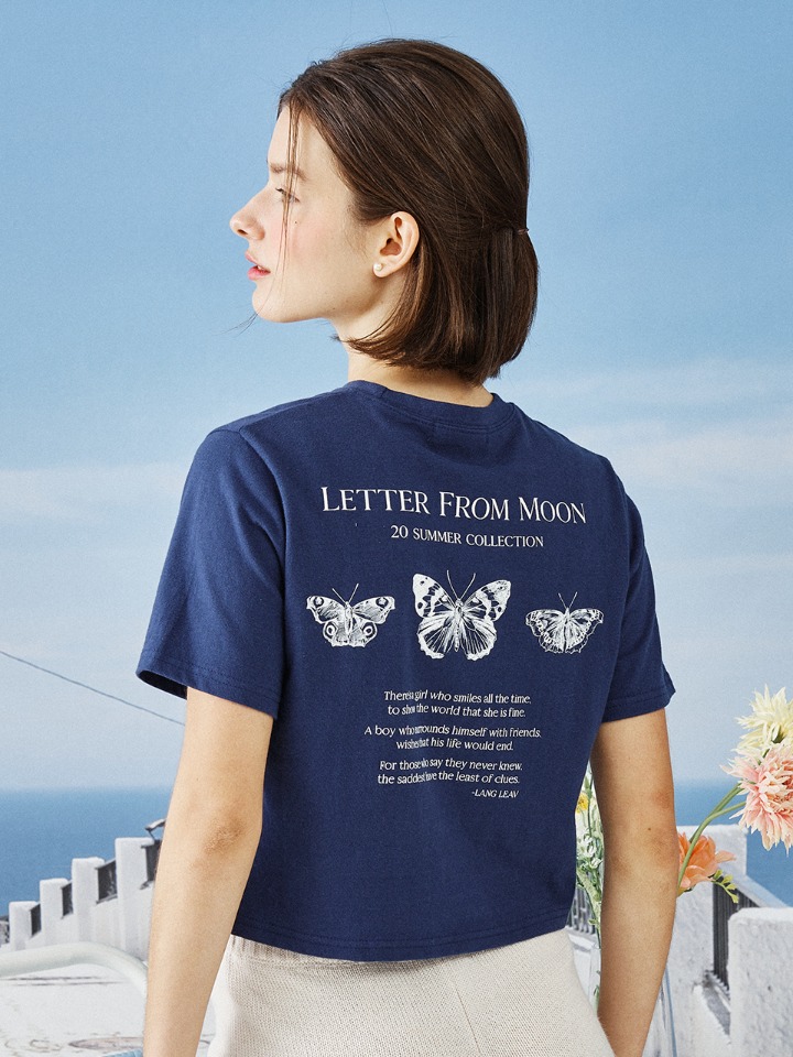 ［공홈단독］트리플 나비 자수 크롭 티셔츠 ( 네이비 )