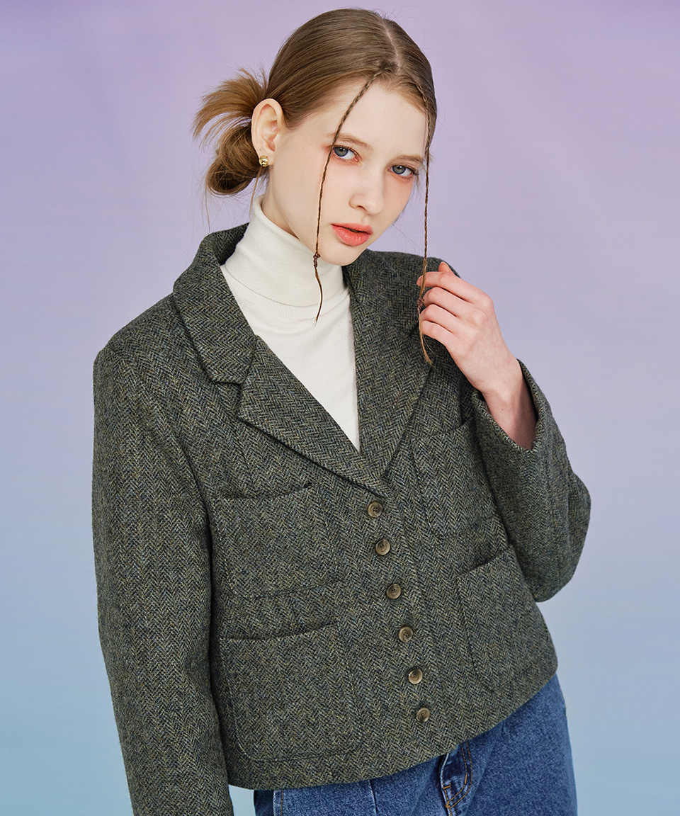 Herringbone Button Up Quilting Wool Jacket ( Khaki )