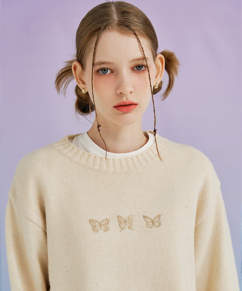 Triple Butterfly Embroidered Wool Sweater ( Cream )