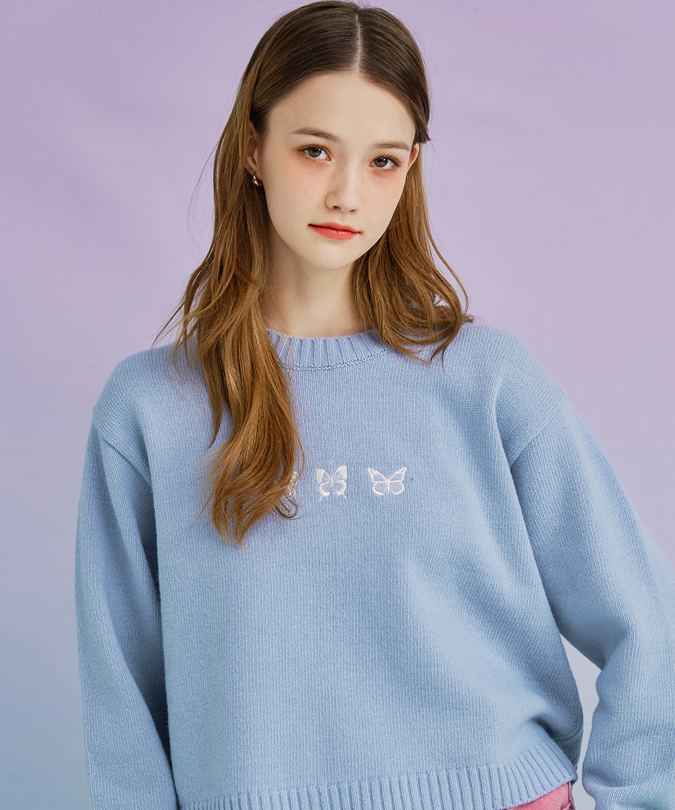 Triple Butterfly Embroidered Wool Sweater ( Skyblue )