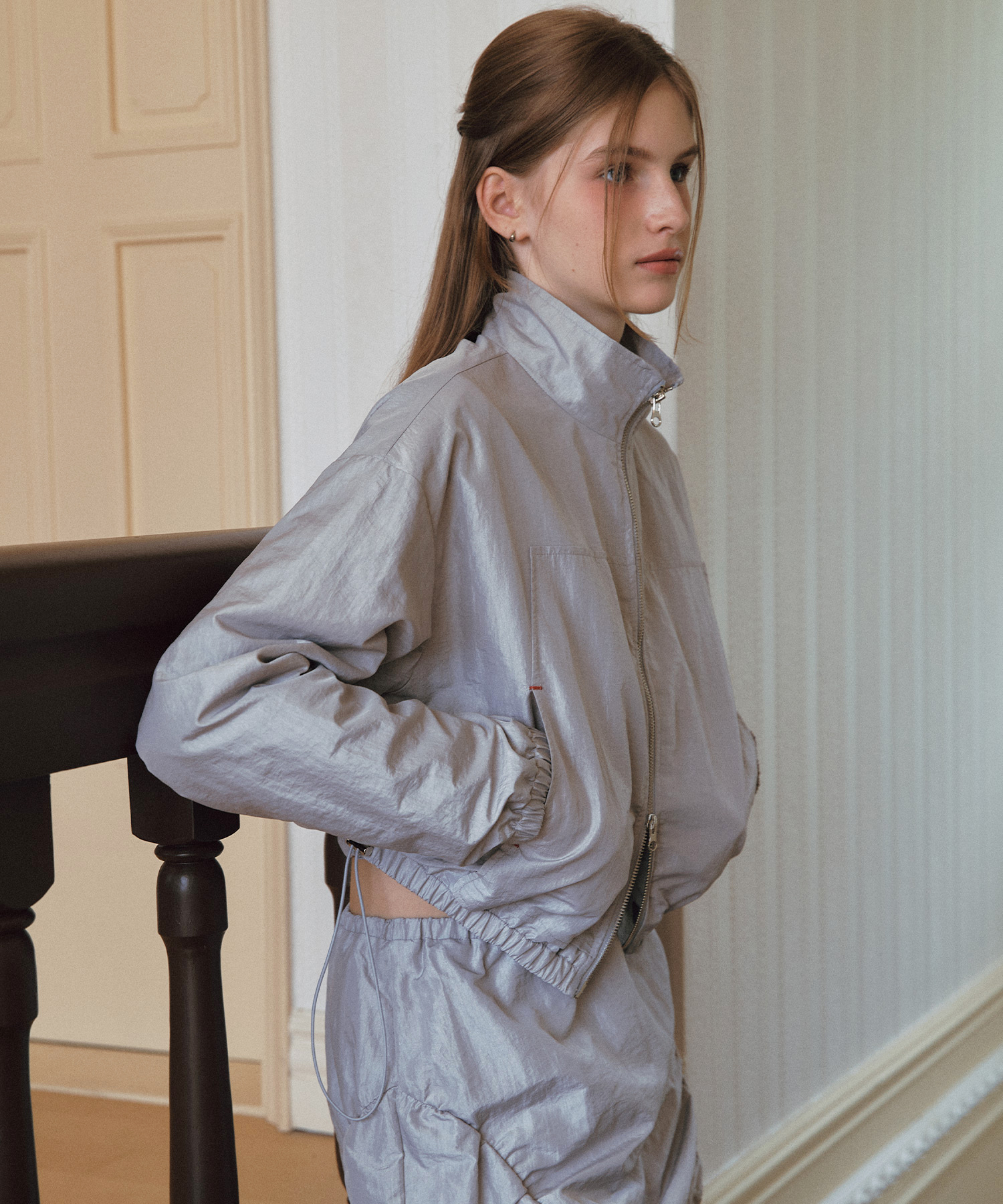 Bartack Point Shirring Nylon Windbreaker Jacket ( Grey )