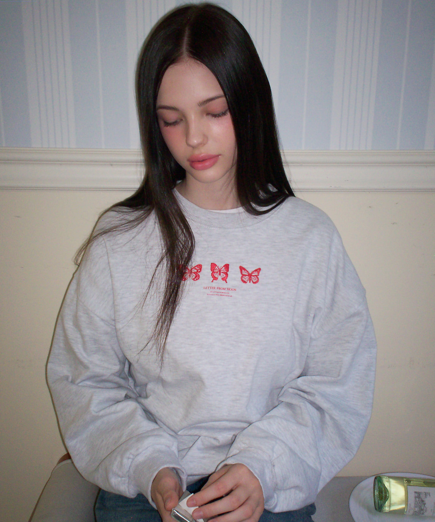 Triple Butterfly Embroidered Sweatshirt ( White Melange )