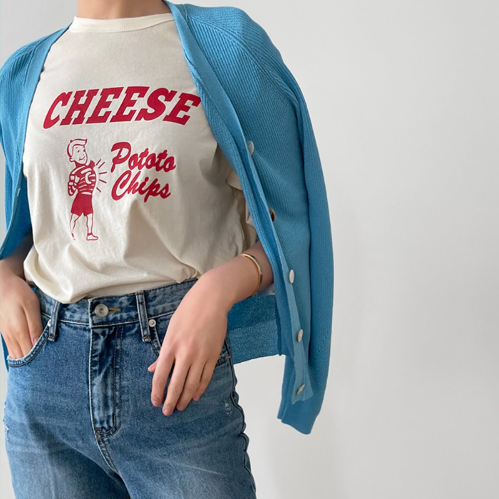 치즈 나염 라운드 티셔츠