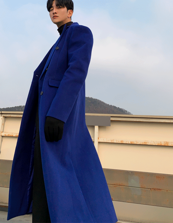 [MADE]混羊毛後開衩長版劍領大衣(紫藍色)