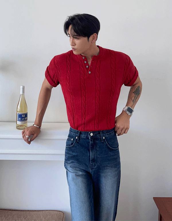 AT Roy cable henley neck short sleeve knit